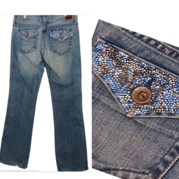 Vntg BLING Express X2 STELLA BOOT Jeans Sz 6 Blue EMBELLISHED Crystals POCKETS